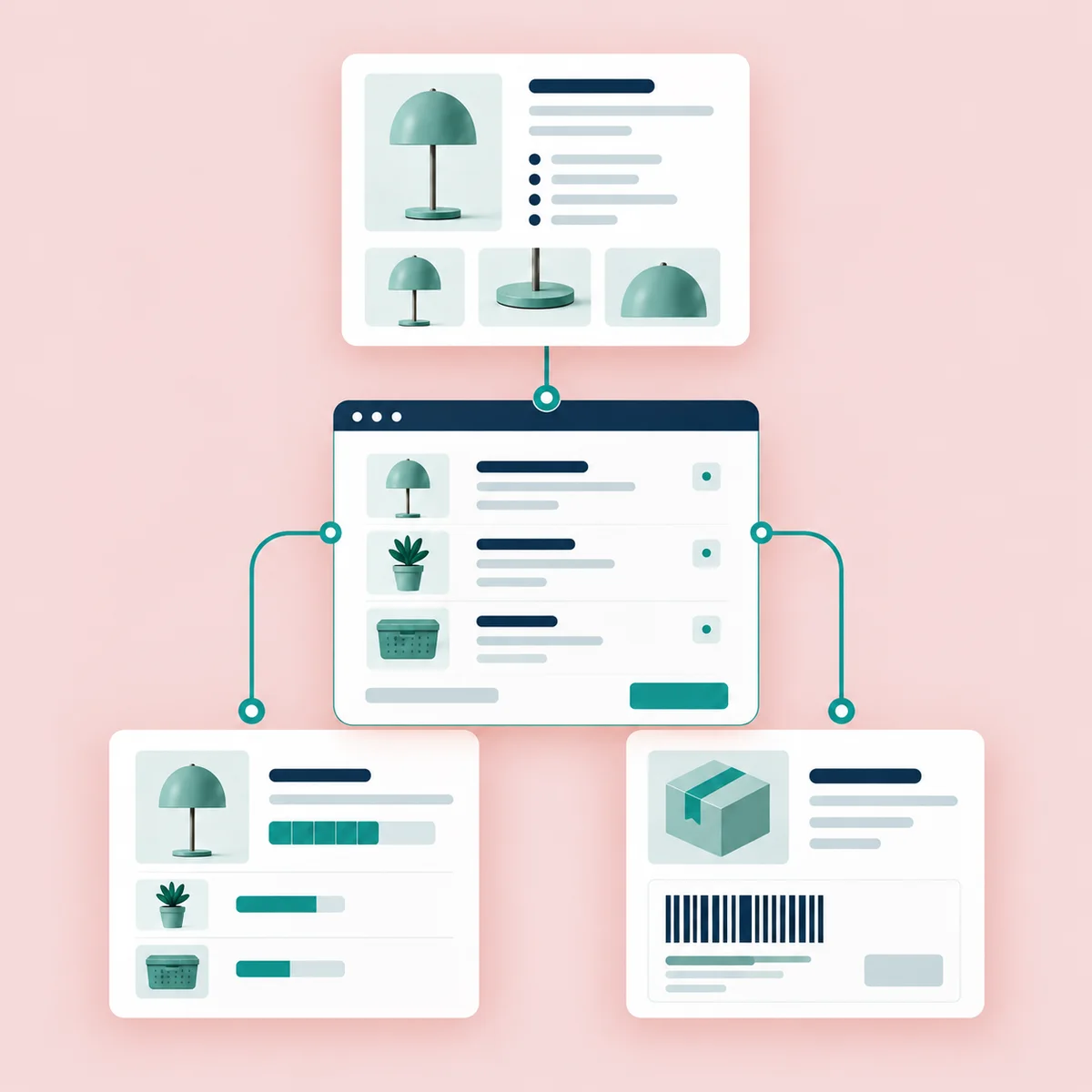 Samenwerkende product-, voorraad- en ordersystemen in een koraalkleurig schema