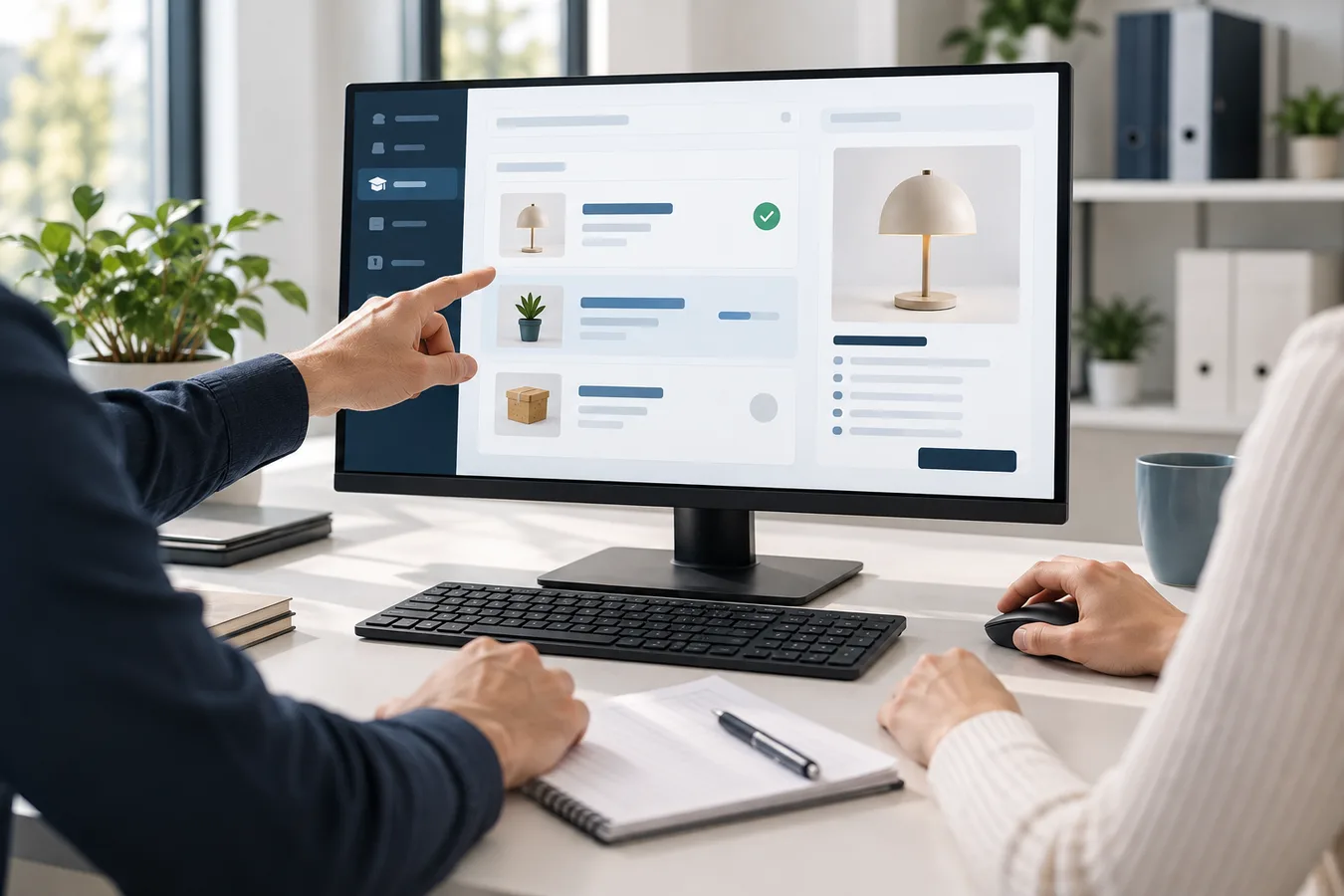 Collega’s bespreken een dagelijkse taak op een product- en orderscherm